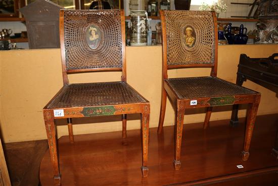 Pair caned painted and decorated satinwood chairs